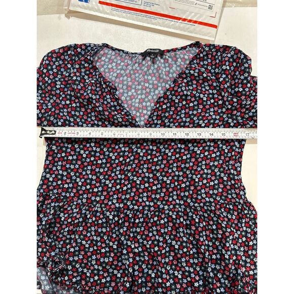 Madewell Women’s Small Black Red Floral Peplum Short Sleeve Ruffle Hem Blouse - Picture 4 of 4